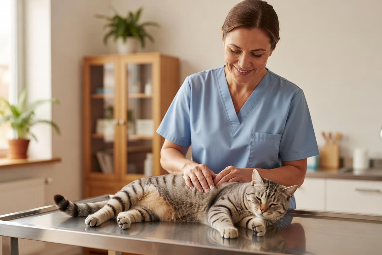 a veterinarian gently examining a calm cat on an exam table