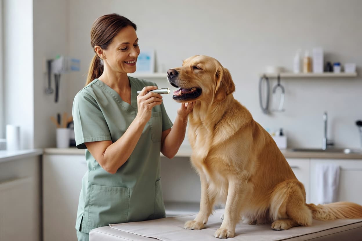 a veterinarian gently checking inside a calm dog's mouth with a flashlight