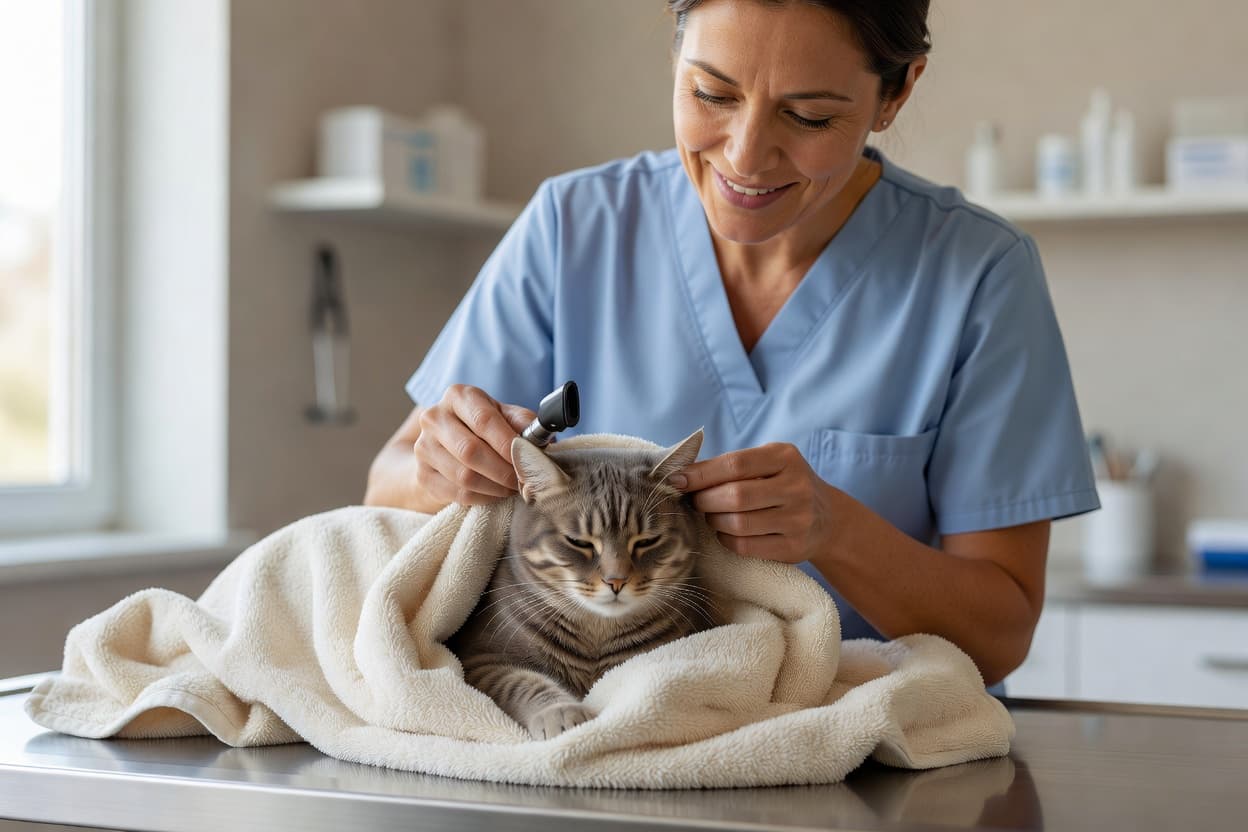 a veterinarian gently examining a calm cat wrapped in a soft towel on an exam table, checking its ears