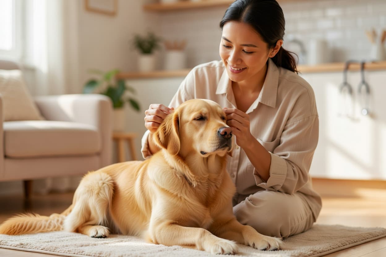 a person gently feeling a calm dog's ears and nose to check for warmth