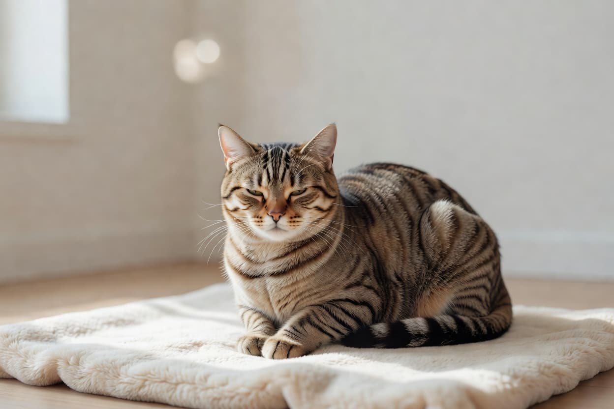 a tabby cat sitting hunched in a loaf position with squinted half-closed eyes on a soft blanket at home