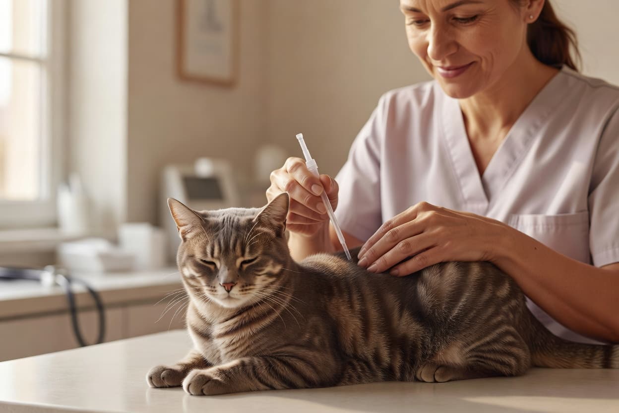 a veterinarian applying a spot-on deworming pipette between a calm cats shoulder blades, clinic setting, no visible text or logos
