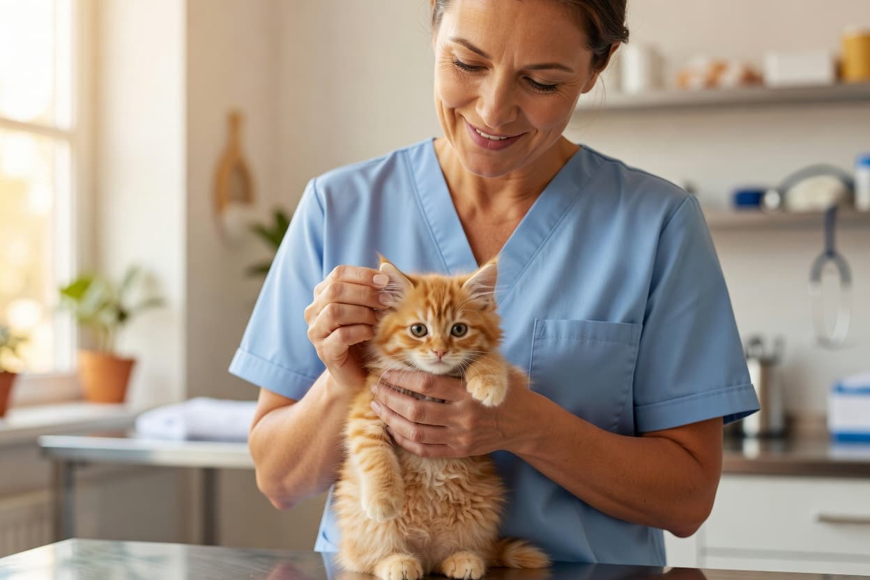 a veterinarian gently holding a calm kitten during a check-up