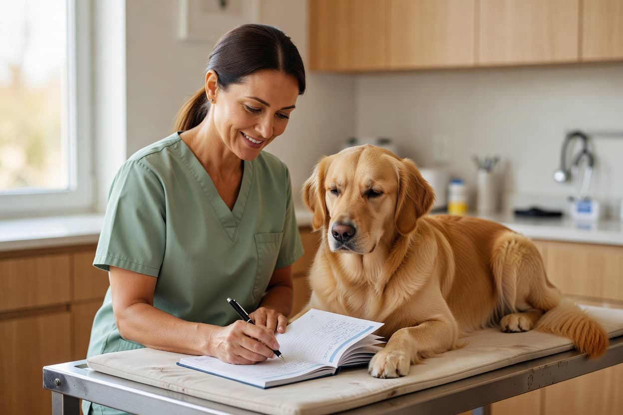 a veterinarian filling out a vaccination record booklet next to a calm dog on the exam table