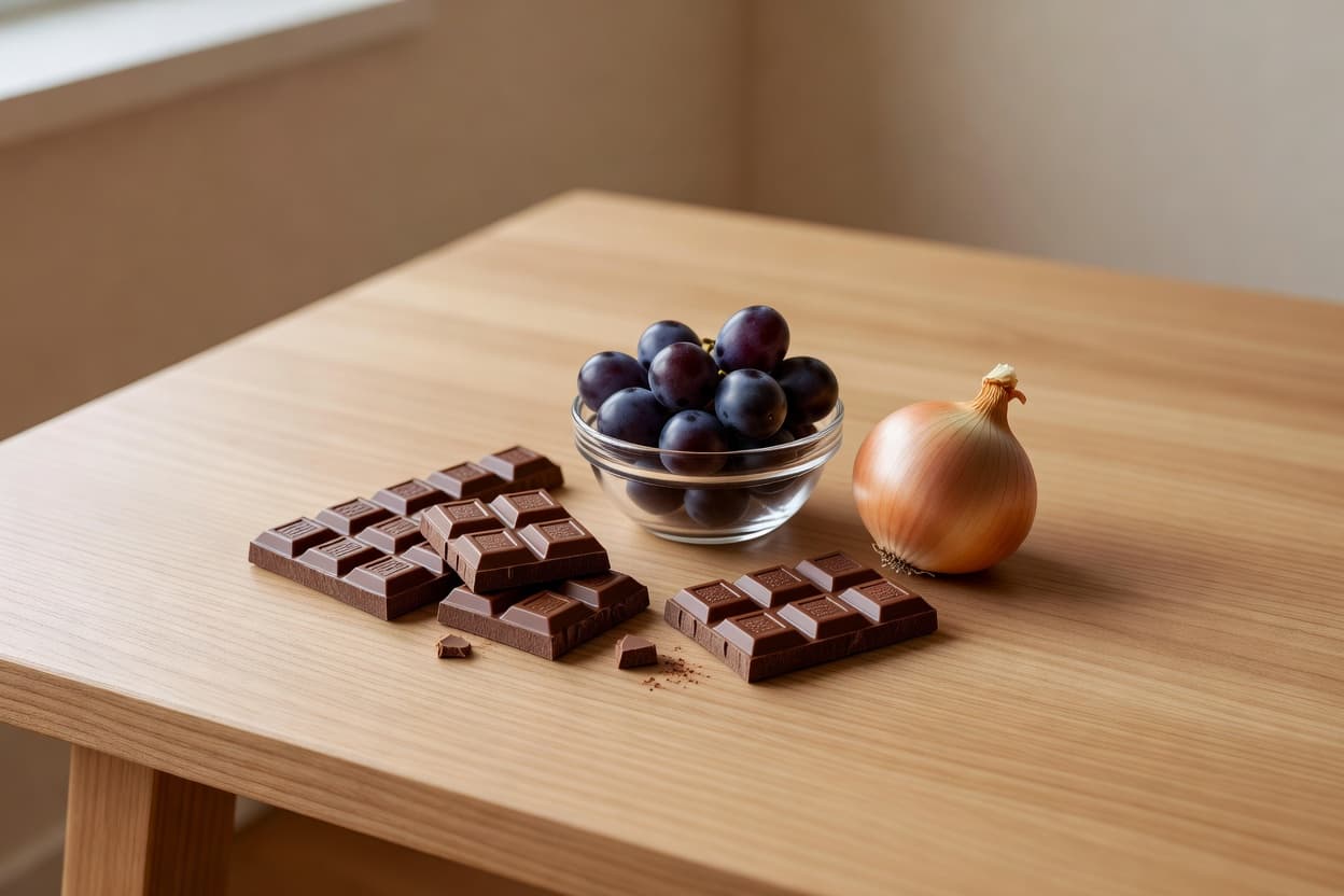 a flatlay of foods dangerous to dogs (chocolate bars