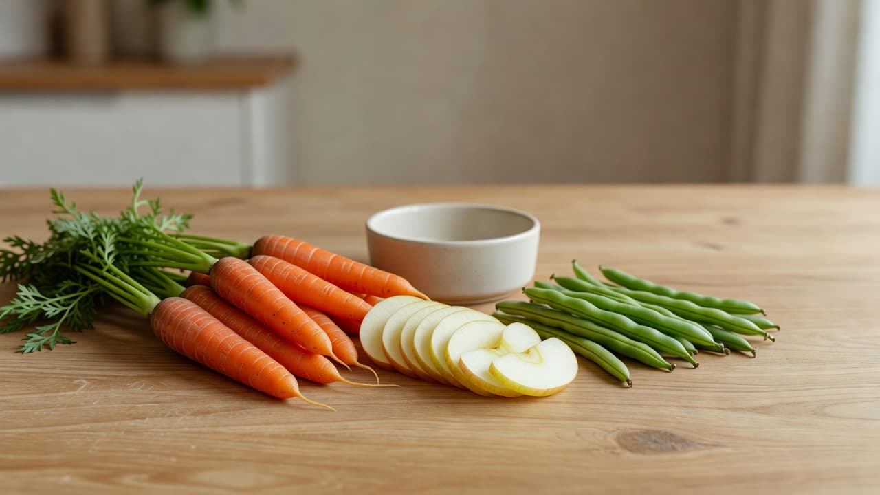 a flatlay of fresh dog-safe fruits and vegetables (carrots