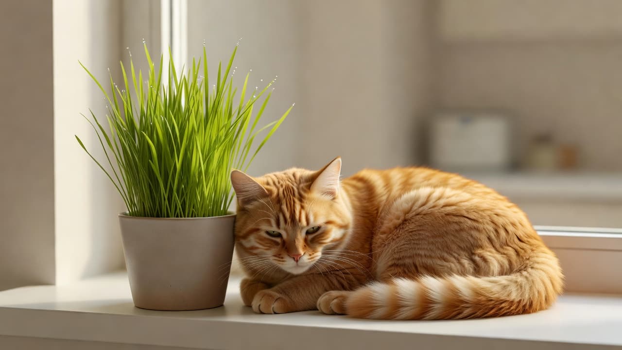 a cat resting peacefully next to a potted cat grass plant on a sunny windowsill