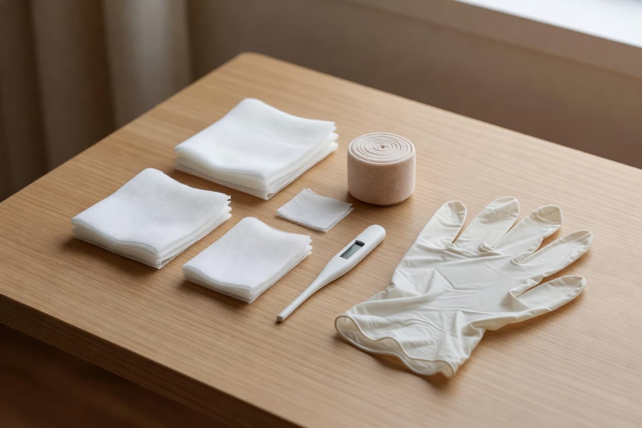 a flatlay of a pet first aid kit: gauze