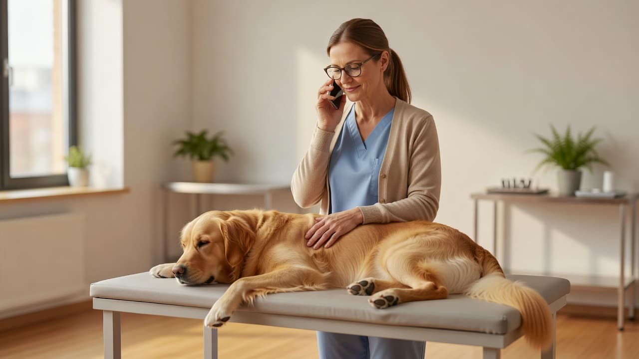 a veterinarian on the phone while examining a dog on an exam table