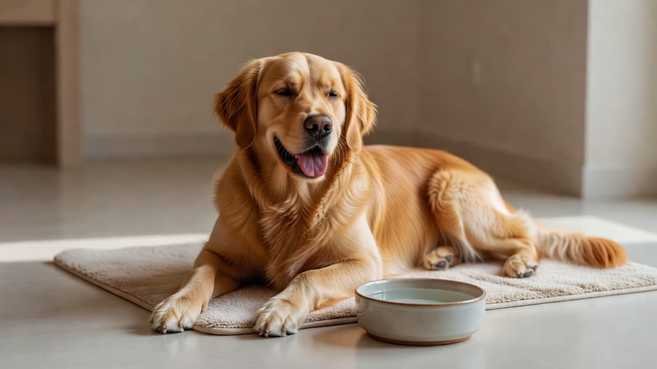 a dog panting and resting in the shade with a bowl of water nearby
