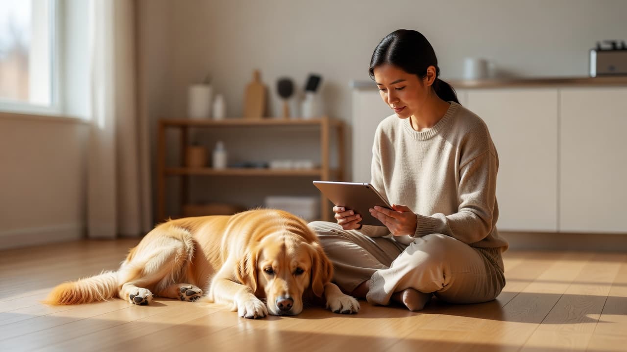 a person reading a pet first aid guide on a tablet next to a calm dog resting on the floor