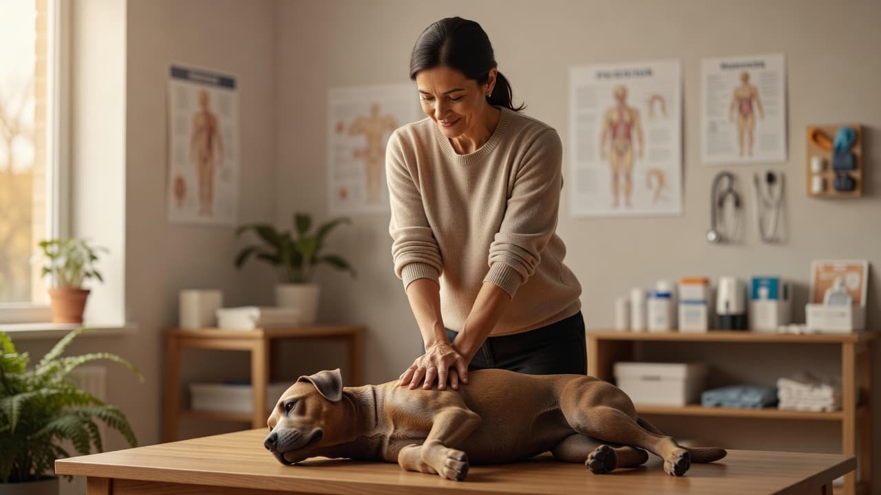 a veterinarian demonstrating hands-on chest position for CPR on a dog mannequin in a training setting