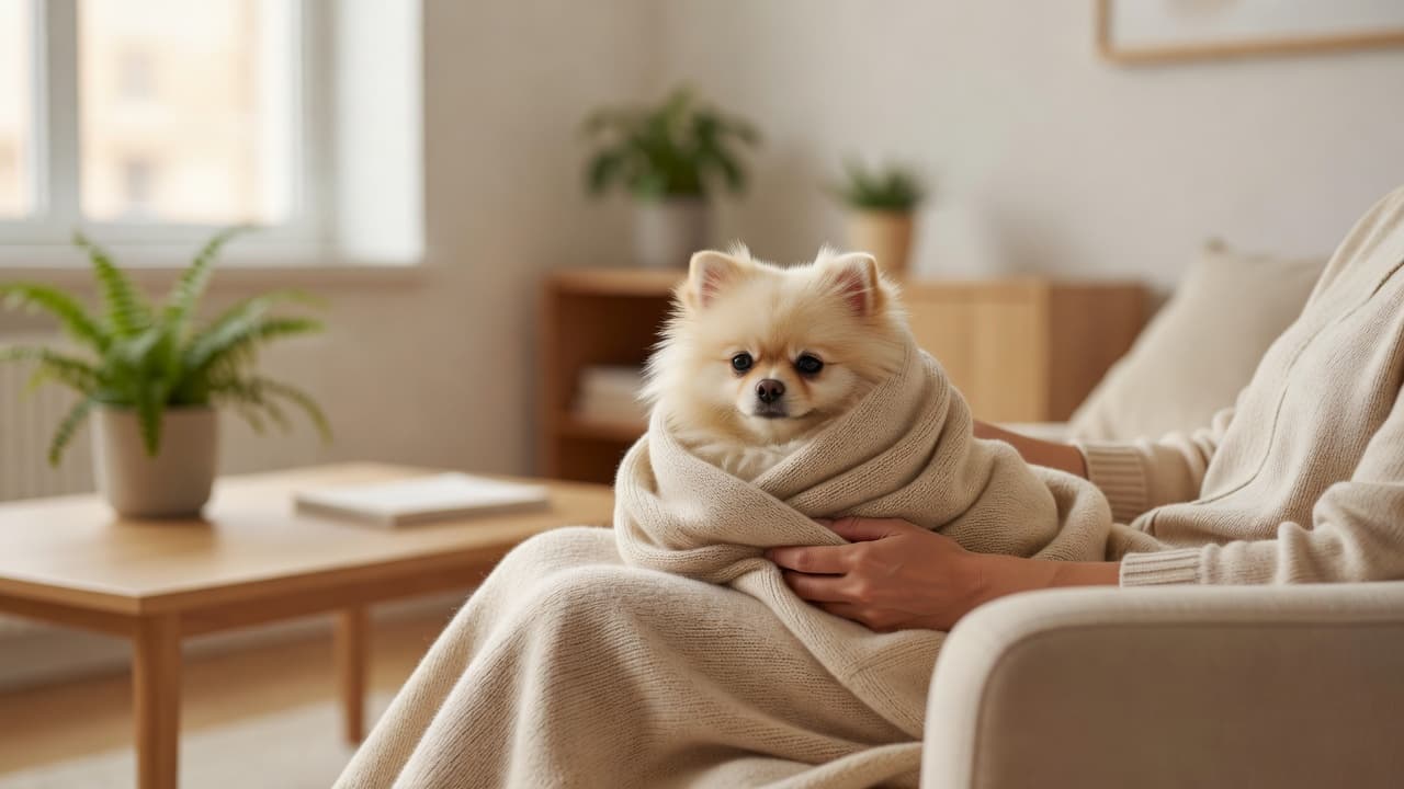 a small dog wrapped snugly in a warm blanket resting calmly on a persons lap in a bright living room, daylight