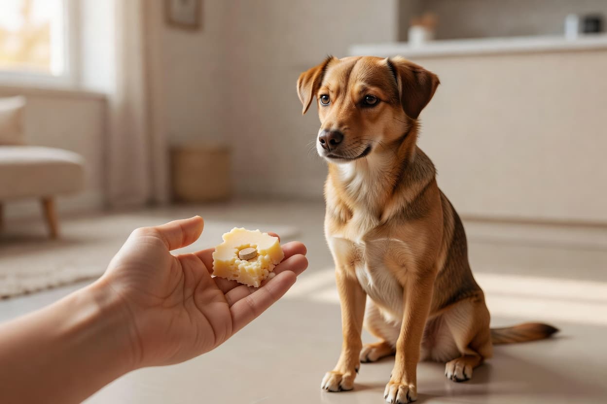 a hand offering a small deworming pill hidden inside a piece of cheese to a calm dog sitting at home