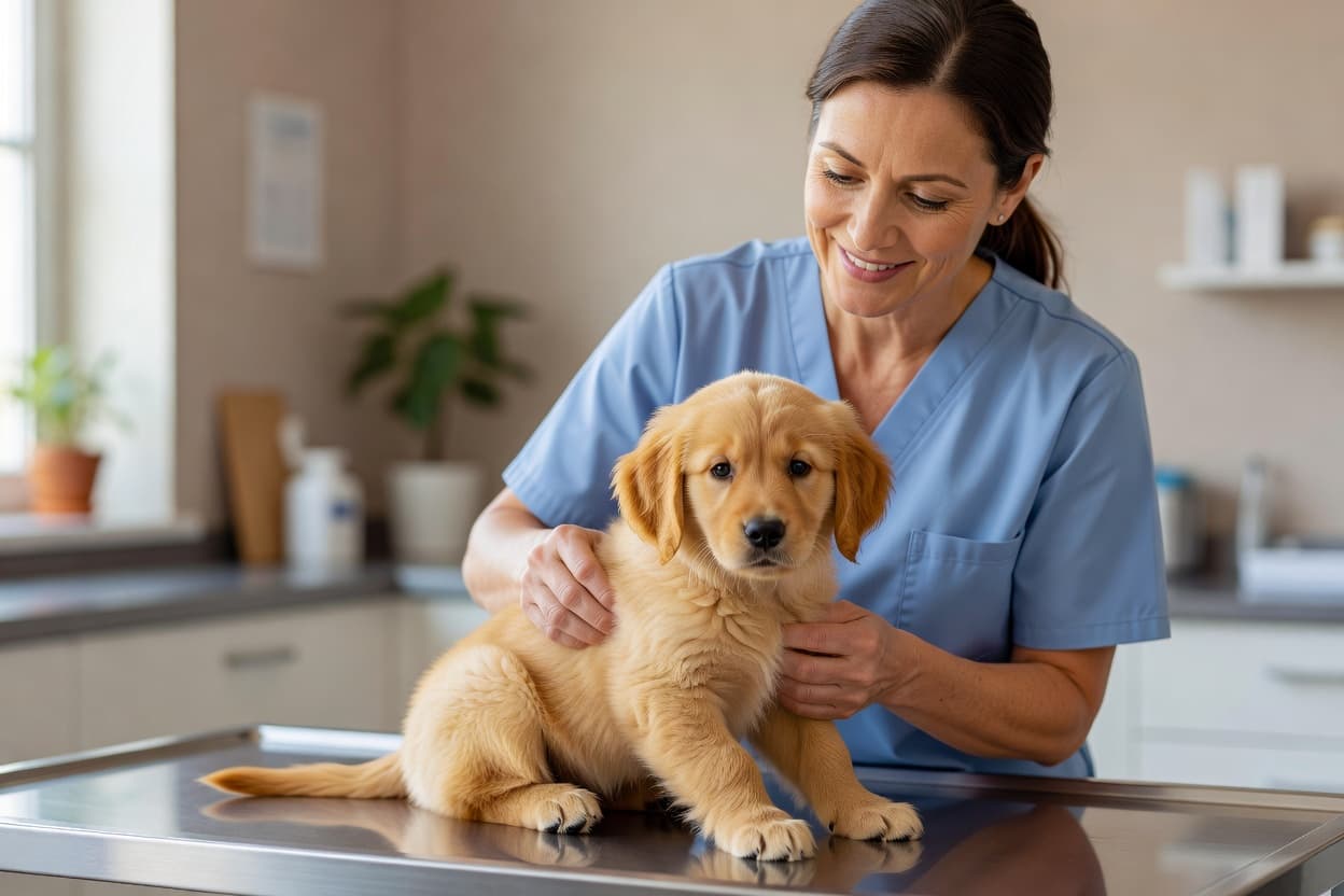 a veterinarian gently vaccinating a puppy on an exam table, calm reassuring clinic setting